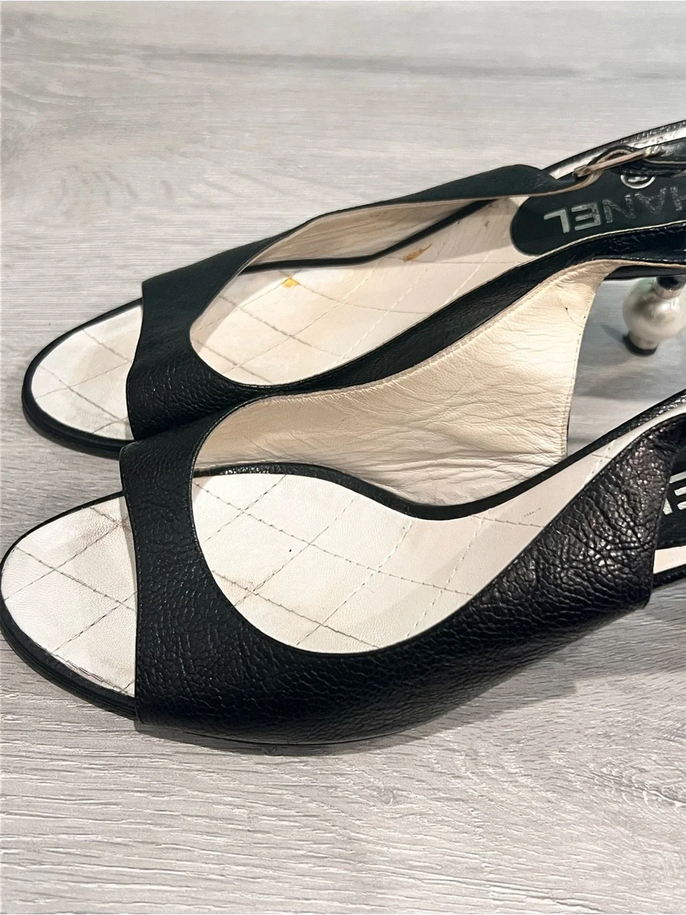 CHANEL Black Open Toe Slingback Pearl Heel
